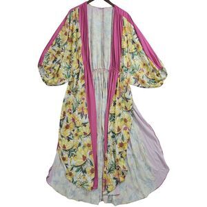 Free People Intimately Yellow Floral Pink Robe Kimono Women's Size S 21PT